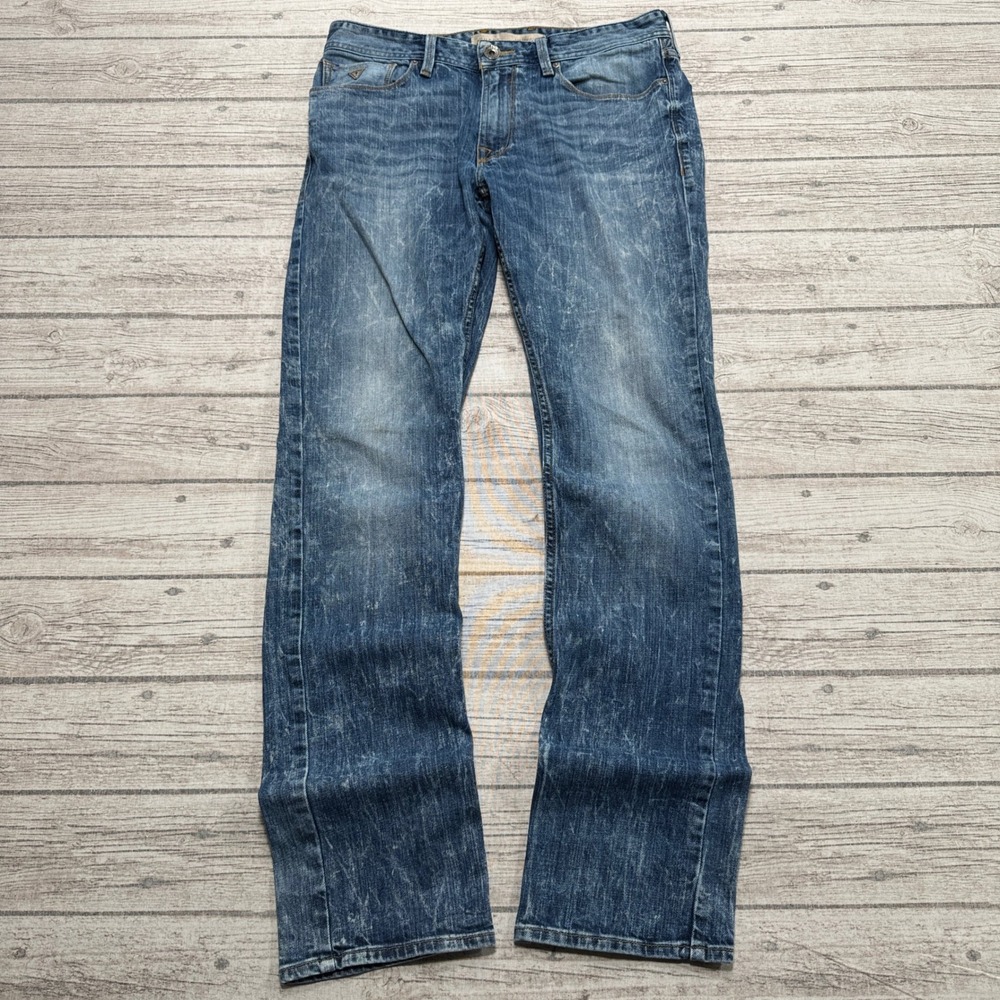 Guess Jeans Men's 31 Blue Acid Wash Denim Slim Fit Straight Leg Cotton Whiskered